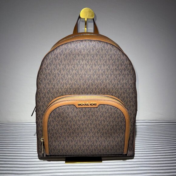 Michael Kors MK Signature Brown Backpack Leather Trim Women’s Designer Bag.
